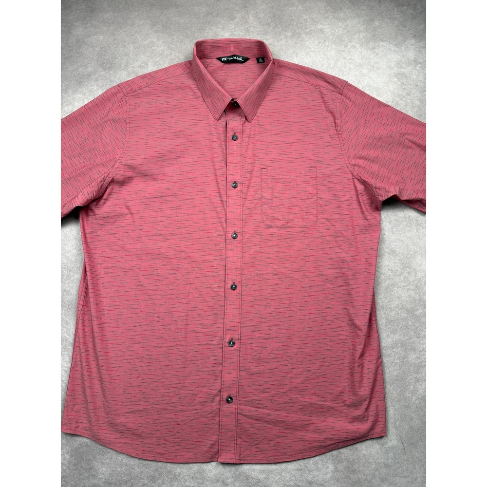 Travis Mathew Mens XL Pink Dotted Stripe Short Sleeve Button Stretch Shirt Golf